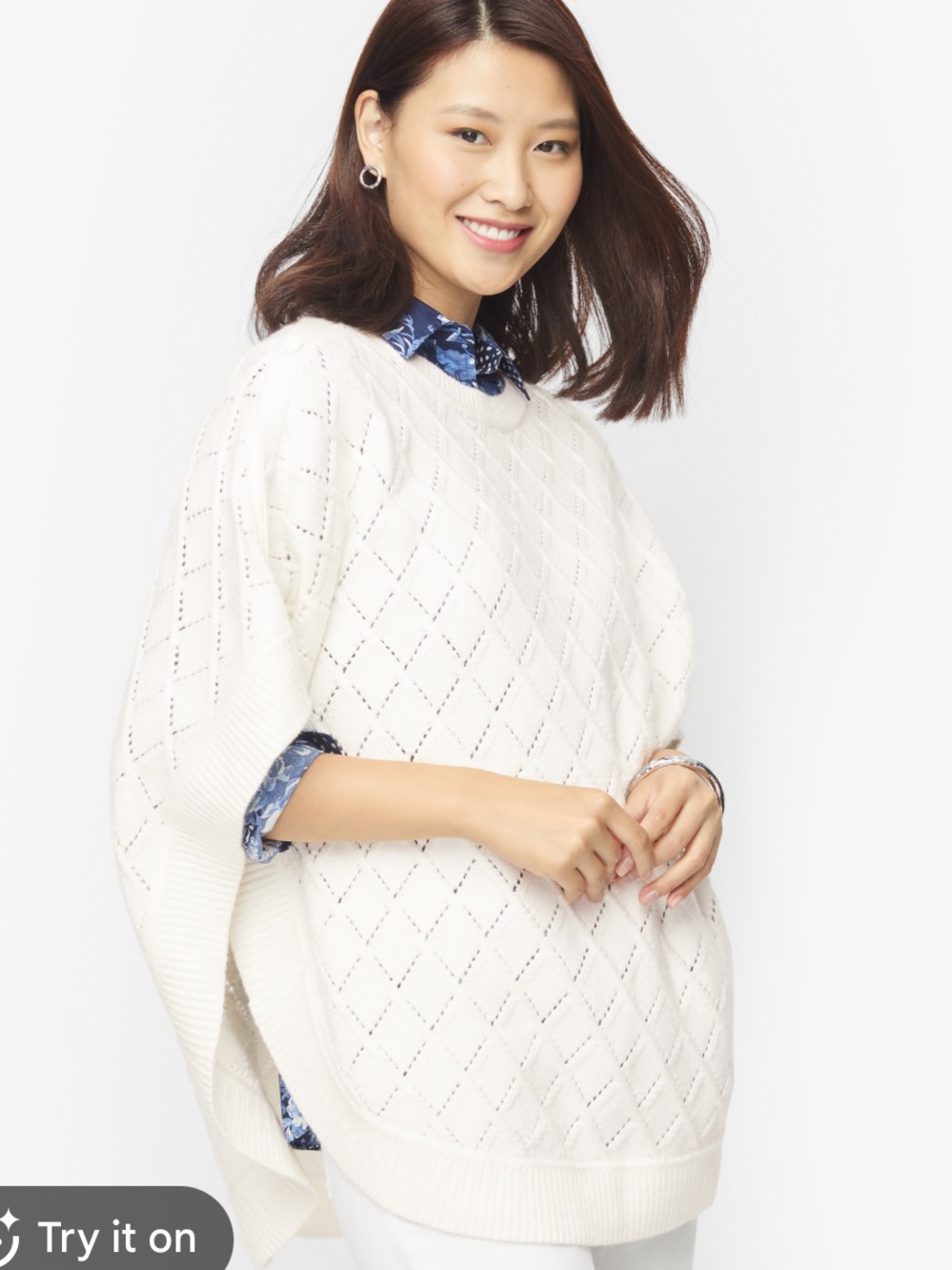 Talbots Cream Pointelle Lattice Round Poncho Sweater